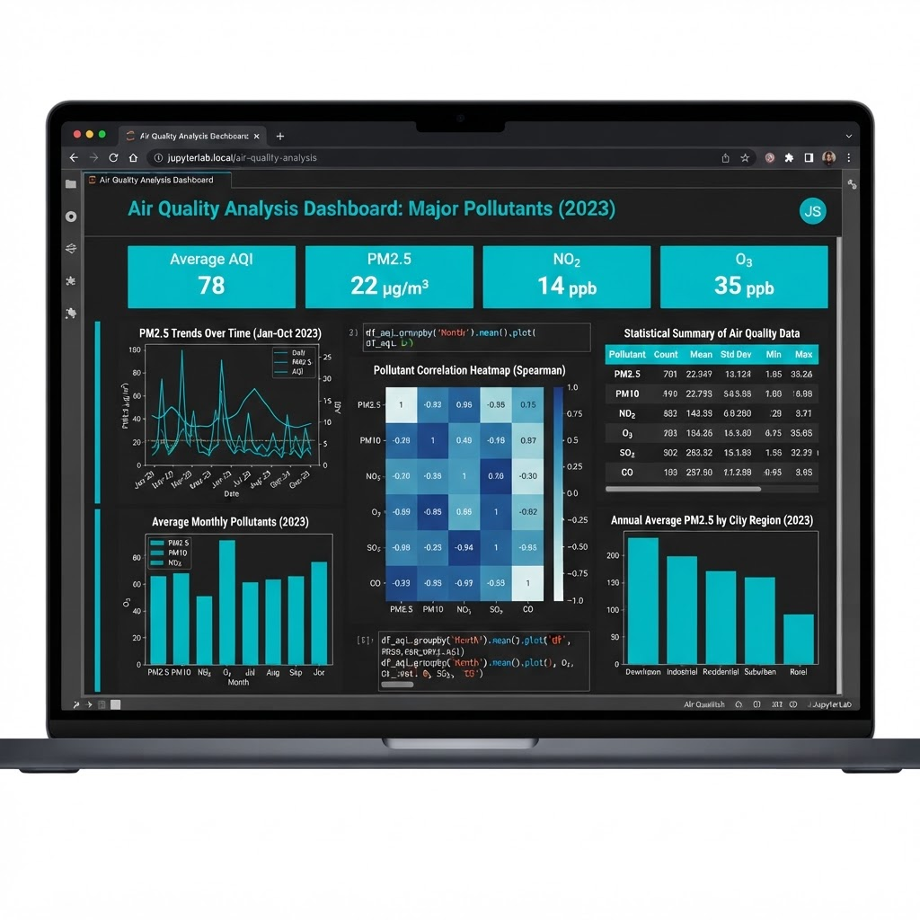 Air quality data analysis dashboard with pollution trend charts and a correlation heatmap