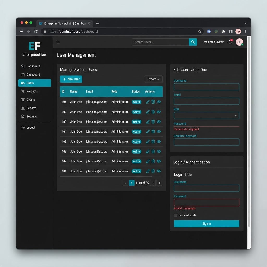 ASP.NET MVC internal web application with a data table, CRUD actions, and an authentication form
